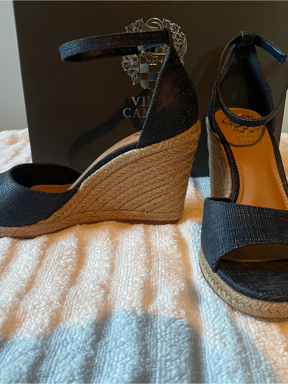 Vince Camuto Navy Linen-Embossed Espadrille Wedge Sandals with Ankle Strap - Picture 4 of 4